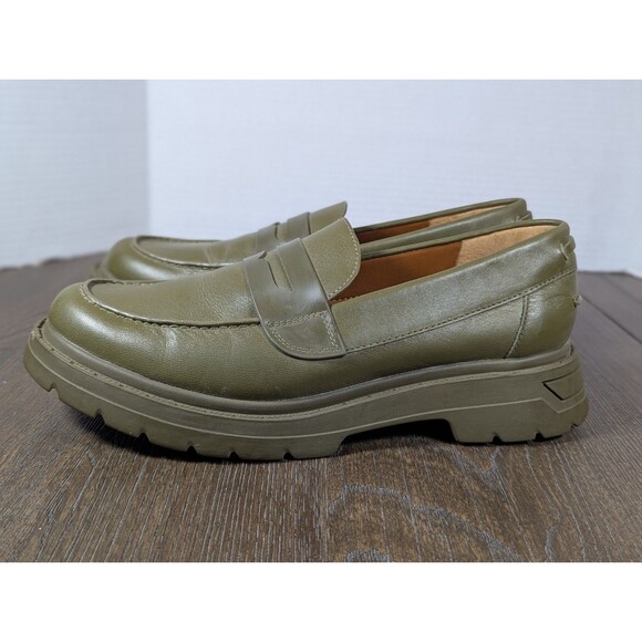 Franco Sarto Reza Loafer Women's 8 Olive Green Leather Slip On Platforms - Picture 1 of 11